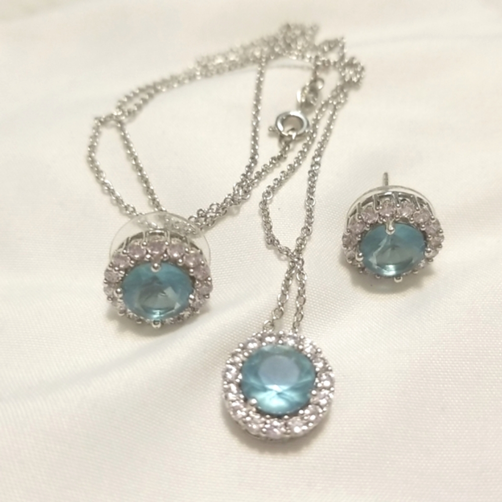 Silver Aqua Round Rhinestone Necklace Earring Lot
